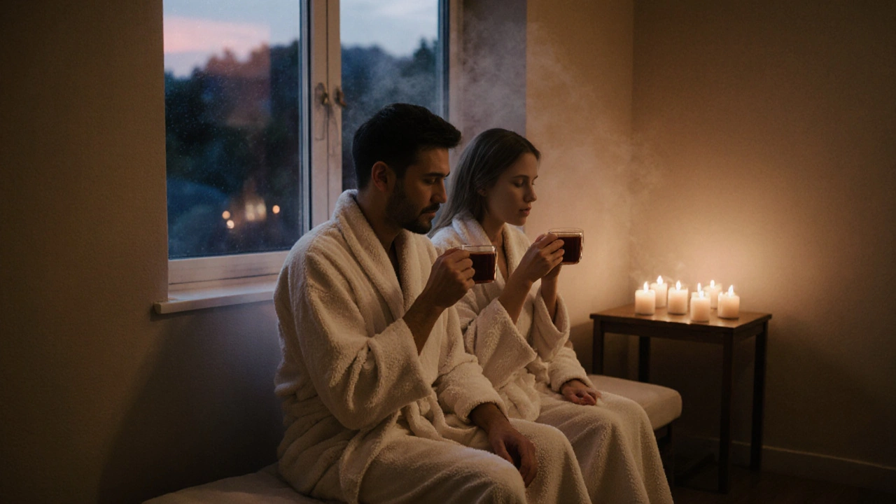 Een koppel zit stil na de massage, gekleed in badjassen, met thee en een vredige sfeer om hen heen.