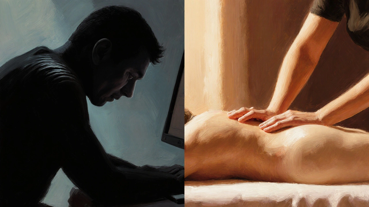 Een kunstzinnige vergelijking tussen stress en ontspanning: een gebogen figuur links, dezelfde persoon in vrede tijdens een massage rechts.