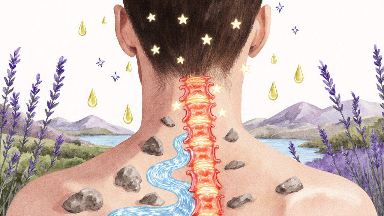 Een lichaam als landschap met spanningen als heuvels en warmte als rivieren, omgeven door lavendel en olie-druppels in zachte waterverf.