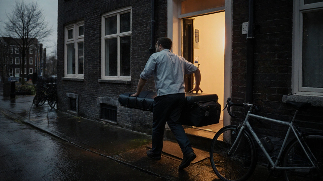 Een masseur arriveert bij een huis in een rustige Amsterdamse wijk met een draagbare tafel.