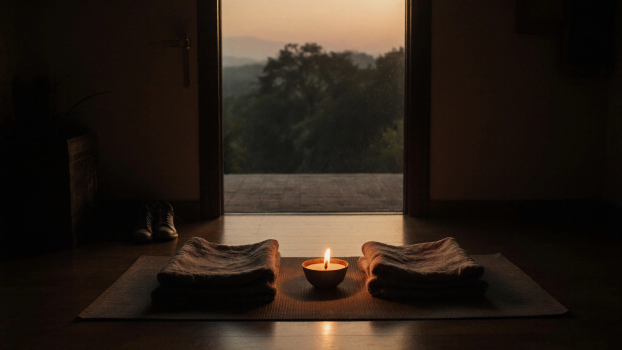 Een onbezet tantraruimte met een mat, dekens en een kaars, in schemerlicht.
