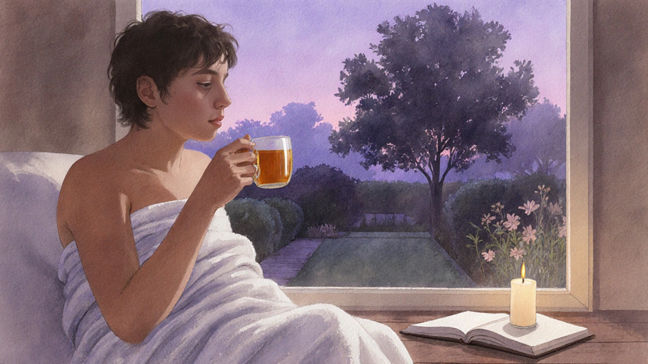 Een persoon na een sessie, ingewikkeld in een handdoek, rustig thee drinkend bij een raam bij zonsondergang.