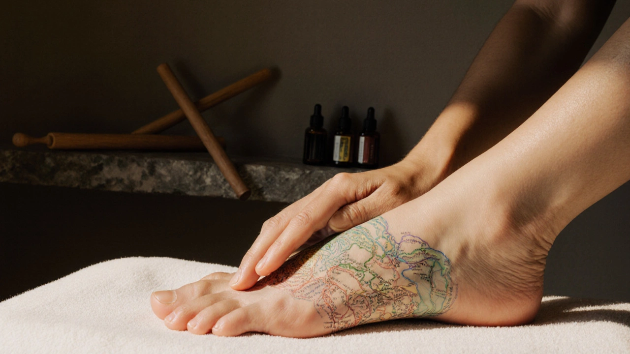 Een therapeut drukt met haar duim op een voet, met reflexologiepunten zichtbaar en houten hulpmiddelen in de achtergrond.