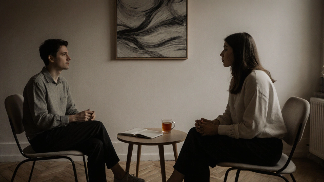 Een therapeut en cliënt zitten in stilte tegenover elkaar, met een journal en thee op de tafel, in een rustige kamer.