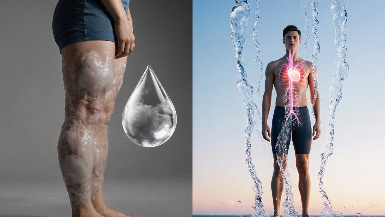 Een vergelijking van opgezwollen benen en een verlicht lichaam met stromend water dat vocht afvoert.