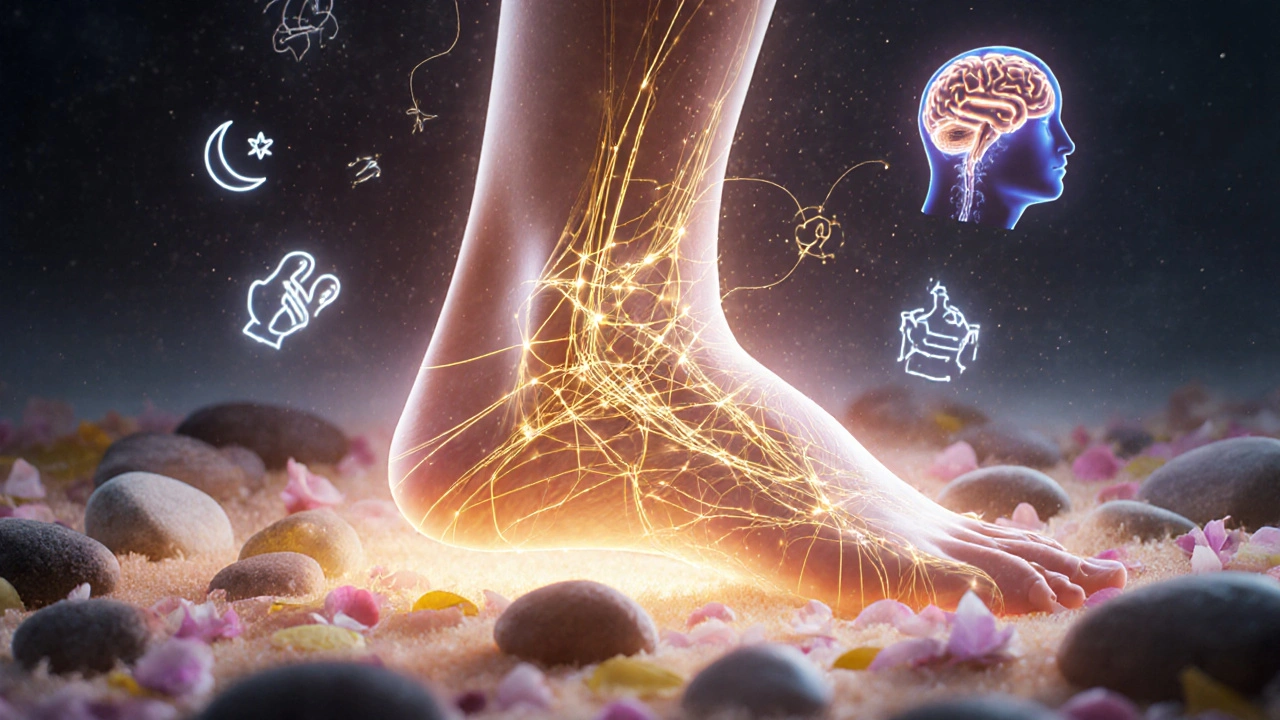 Een voet verandert in een lichtnetwerk dat verbinding maakt met organen en hersenen, omgeven door warme stenen en bloemblaadjes.