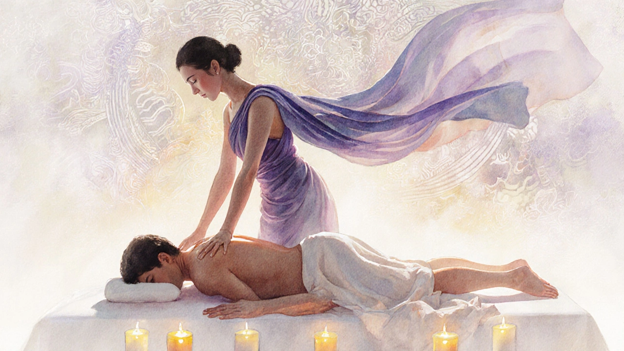 Een zachte, dansachtige massage in Thai stijl, met vloeiende bewegingen en een kalme, spirituele sfeer.