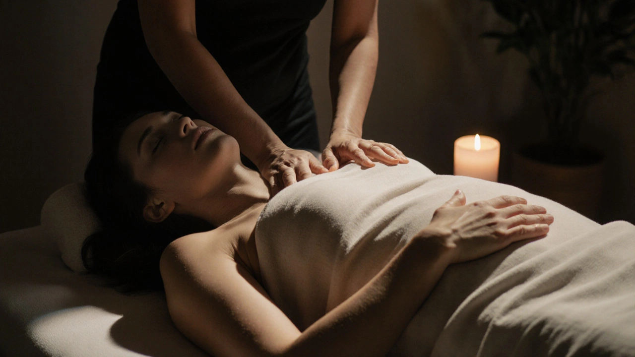 Een zwangere vrouw wordt zachtjes gemasseerd met jojobaolie in een kalme, intieme setting.
