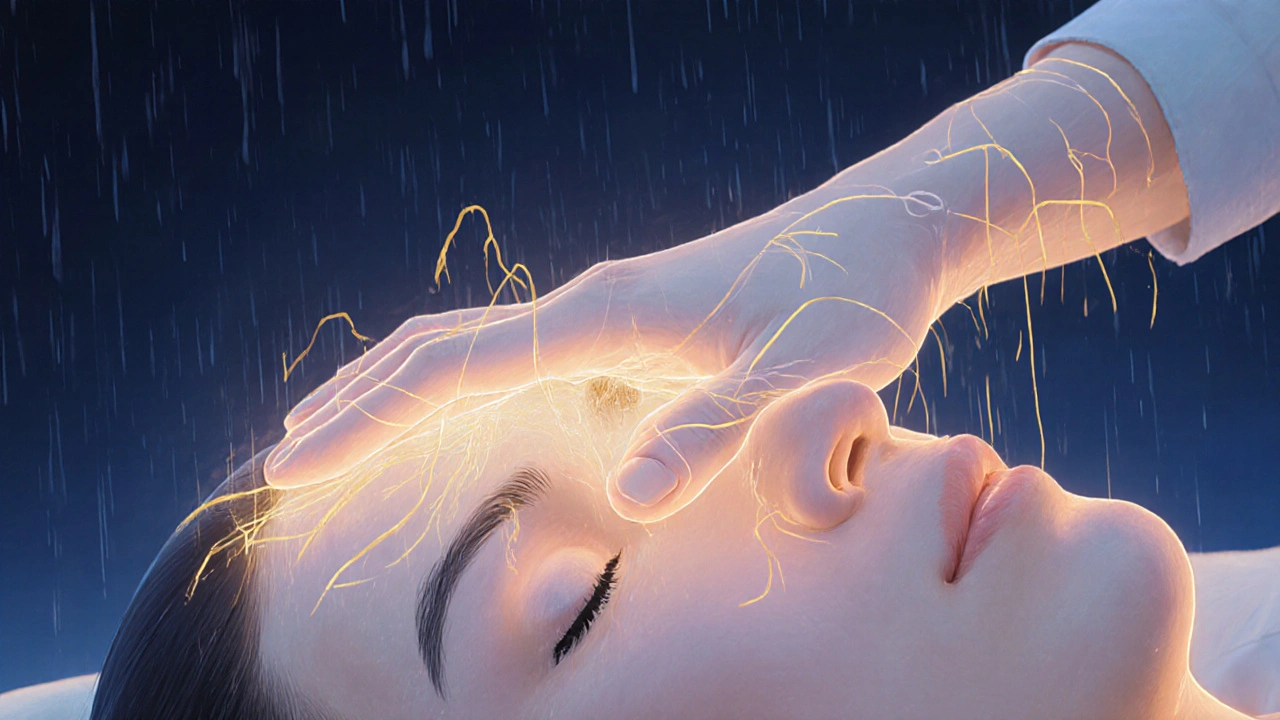 Hand van een therapeut glijdt over het voorhoofd met fasciale ontlastingstechniek.