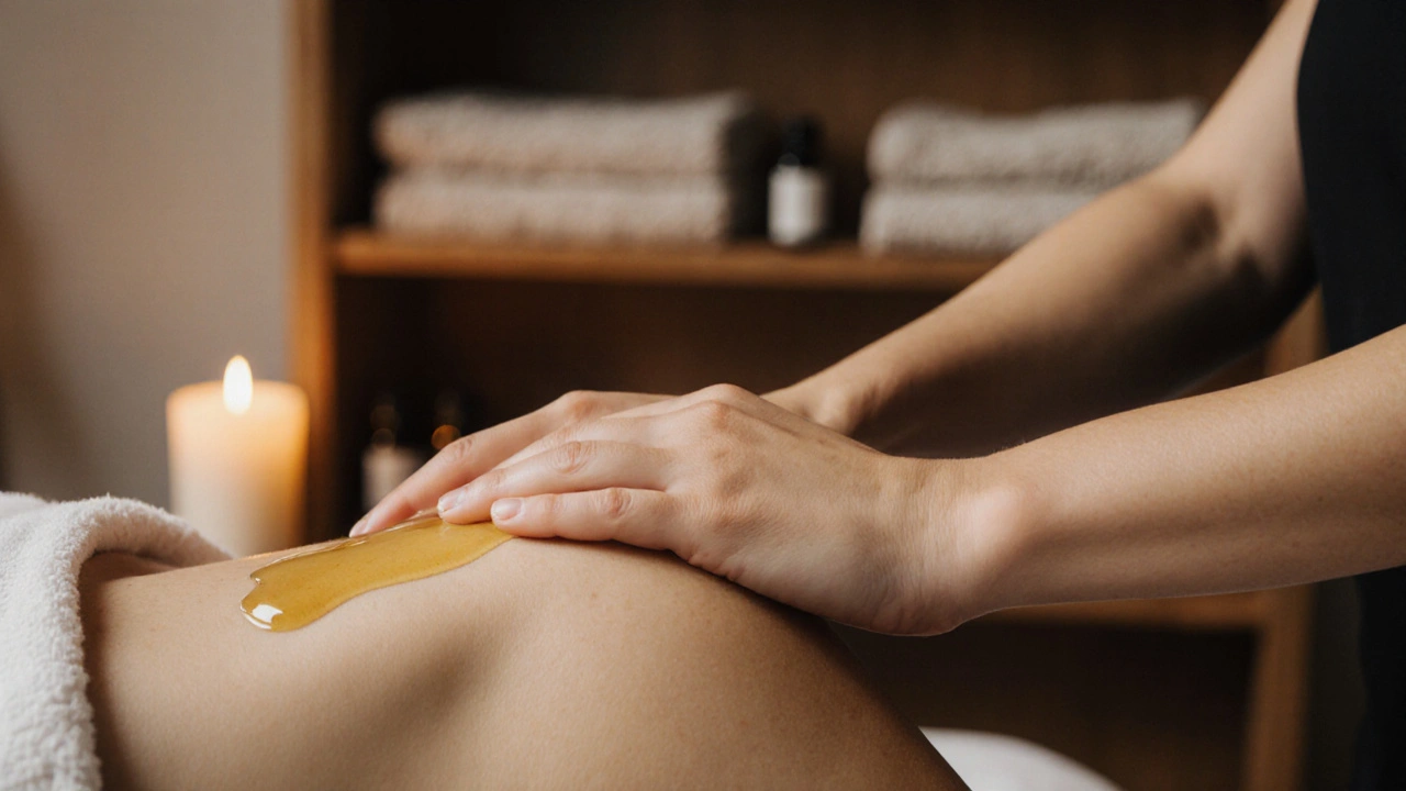 Handen glijden zacht over een schouder met warme olie, in een rustige massageomgeving.