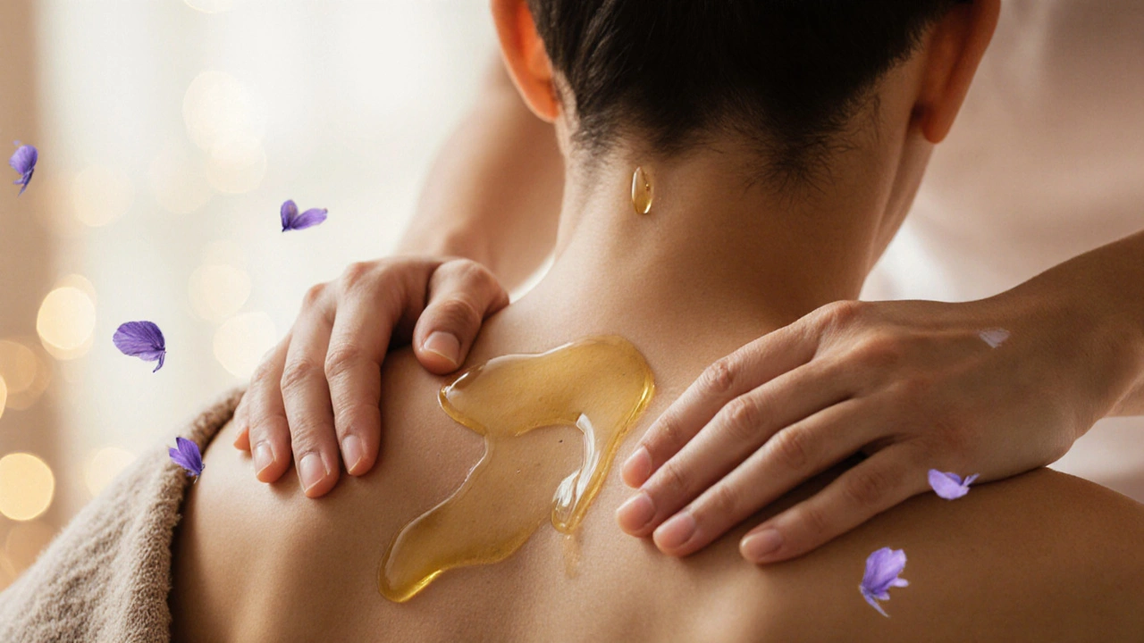 Handen masseren schouders met warme olie, spanning lost op in een rustige, zachte omgeving met lavendelbloemen.