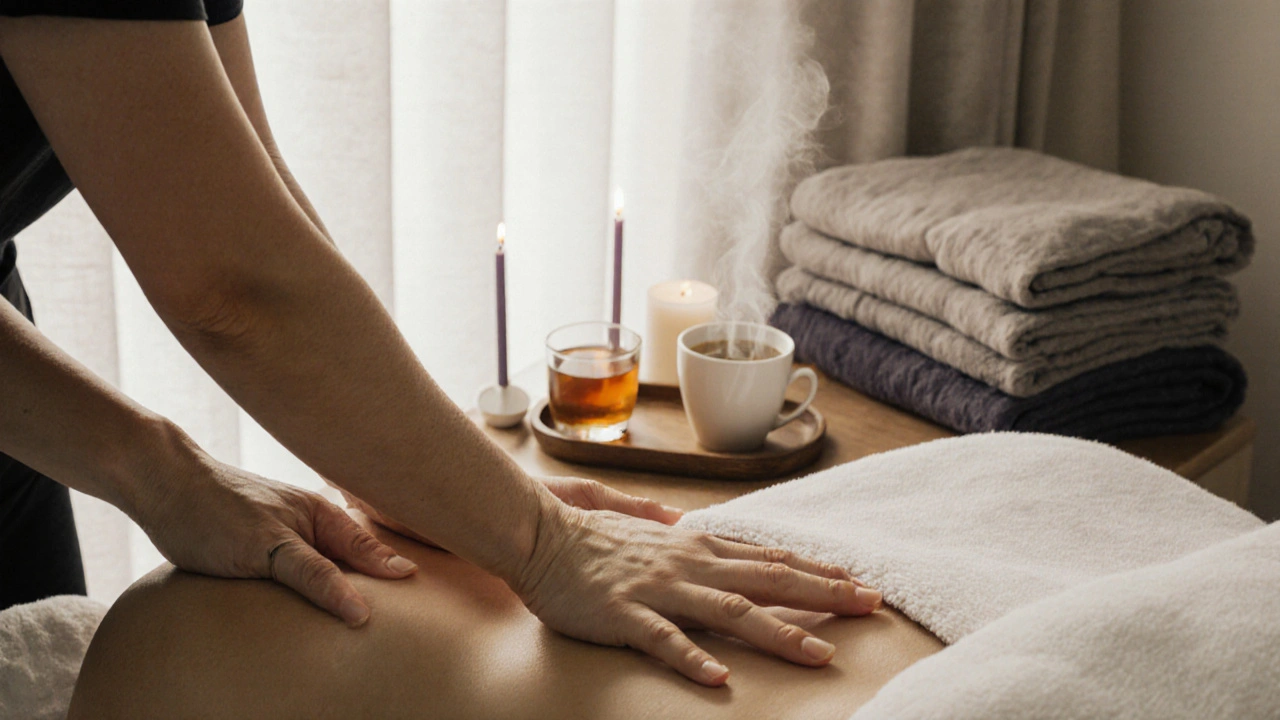Handen van een therapeut die zacht een schouder masseren, met kandelaars en deken in de achtergrond.