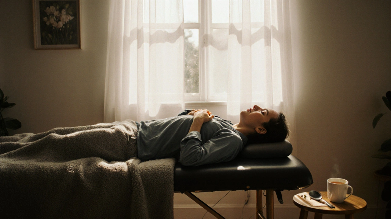Iemand in pyjama ligt te rusten op een bank thuis, met zonlicht en een kopje thee, in een moment van zelfzorg.