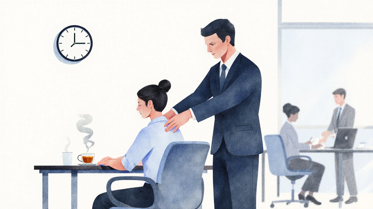 Kantoorwerker krijgt een snelle massage op een stoel tijdens de lunchpauze.