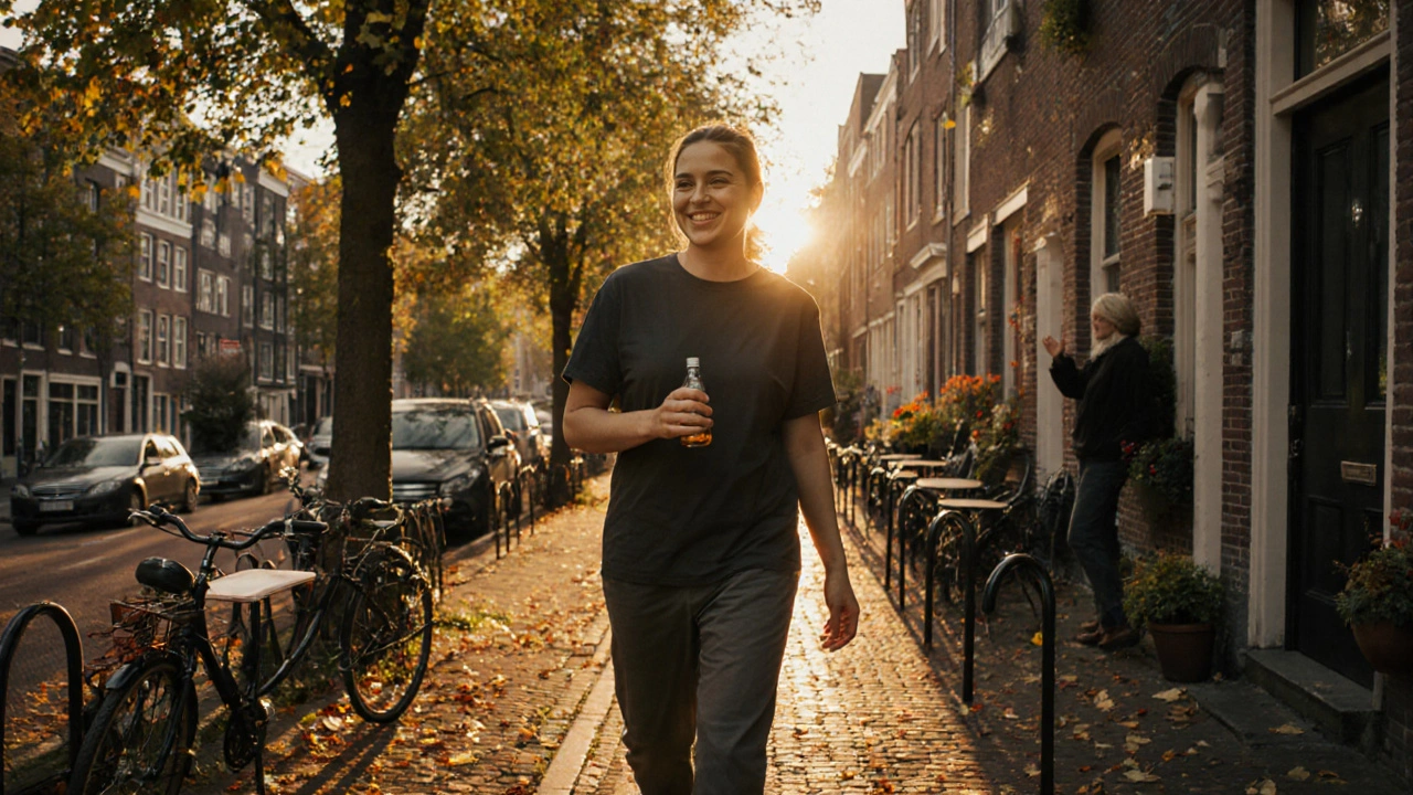 Lokale masseuse loopt door een Amsterdamse wijk, groet een buurman, met een fles massageolie in de hand.