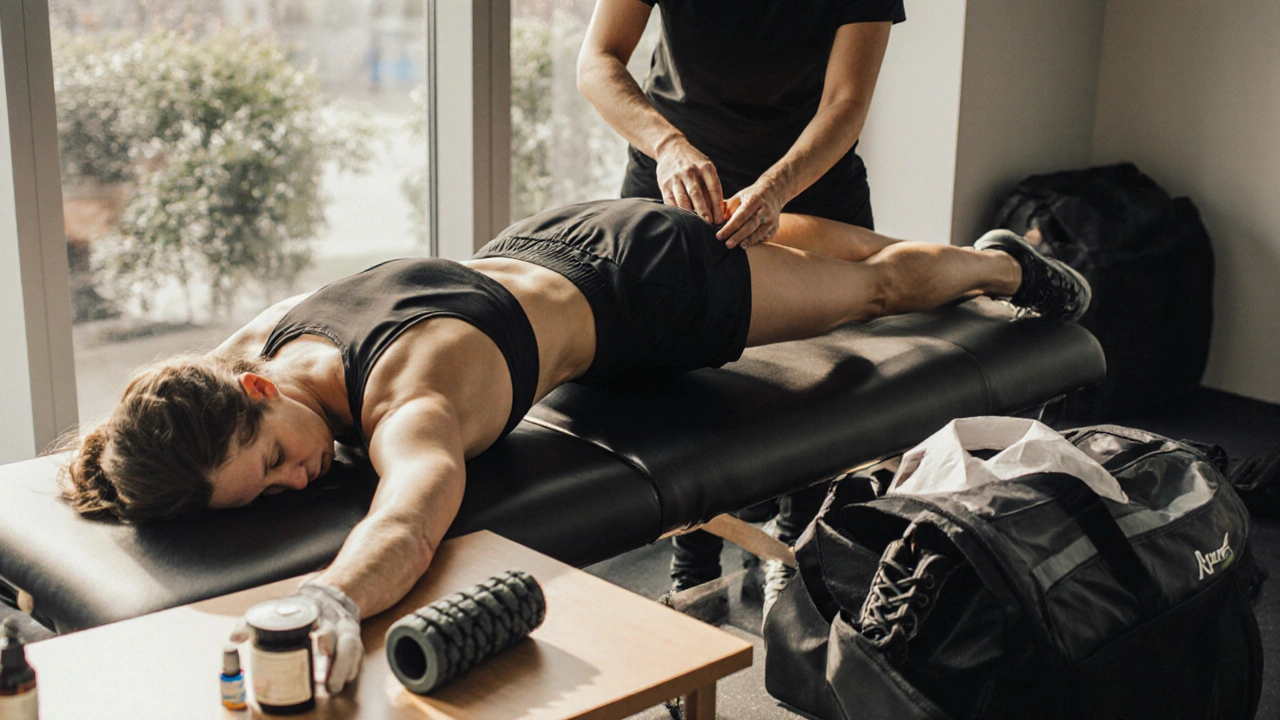 Loper wordt behandeld in een Amsterdamse sportmassagepraktijk met trigger point therapie.