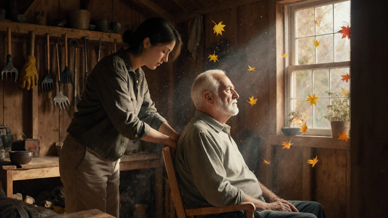 Man krijgt een rugmassage in zijn tuinhuisje, herfstbladeren, eenvoudige omgeving, natuurlijke rust.