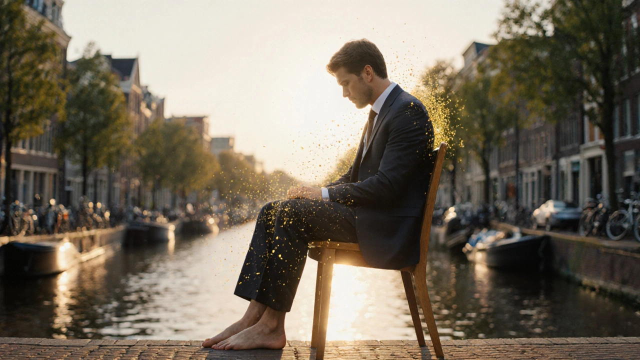 Man met blote voeten die gouden lichtdeeltjes loslaat terwijl spanning uit zijn schouders verdwijnt.