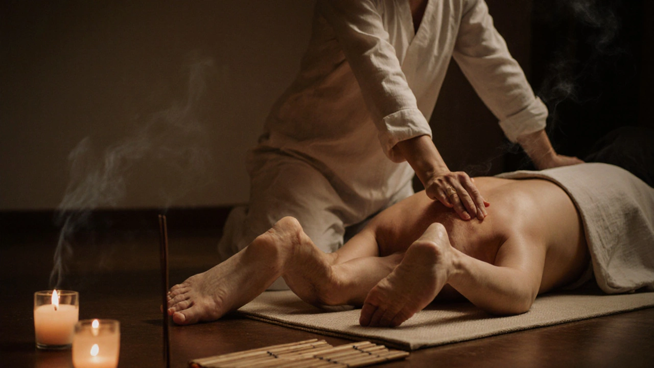 Masseuse leidt een cliënt door zachte Thai-stretchbewegingen op een mat in een rustige, warme omgeving.