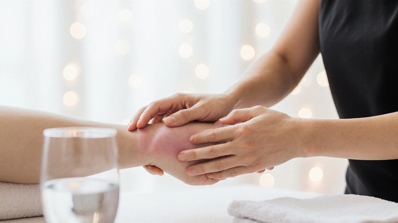 Naderzicht van handen die een zachte, ritmische techniek uitvoeren op een onderarm tijdens lymfedrainage.