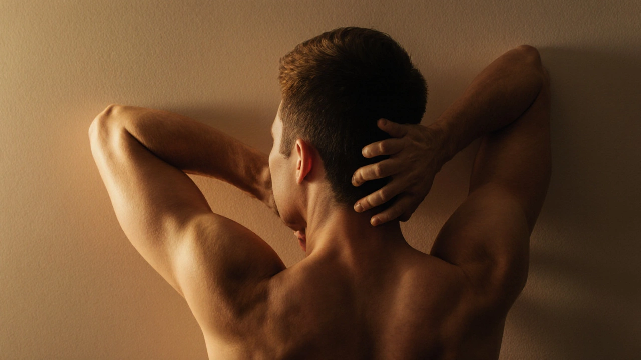 Persoon die de muurstret uitvoert met armen in een T-vorm tegen een muur.