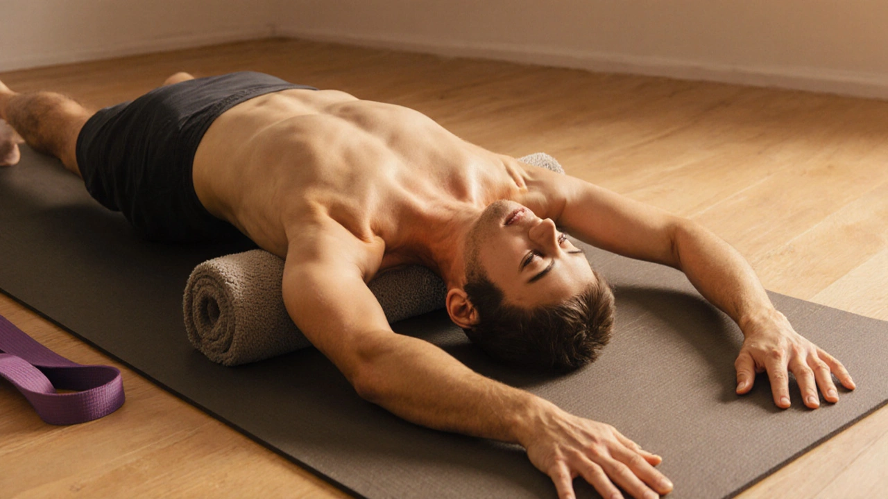 Persoon ligt op buik, armen in T-vorm, borst en armen opgetild, schouderbladen samengeperst.