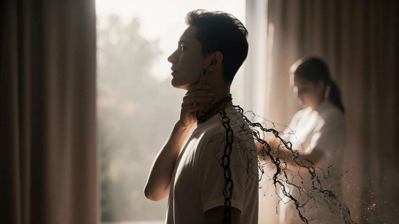 Persoon met ontspannen houding terwijl spanning van schouders valt als ketens.