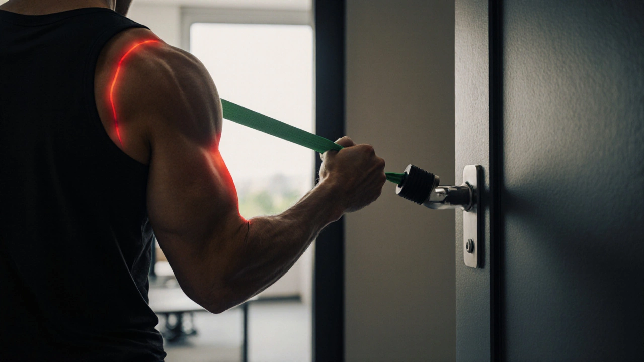 Persoon trekt elastiek naar buik, ellebogen dicht bij lichaam, schouderbladen gereactiveerd.