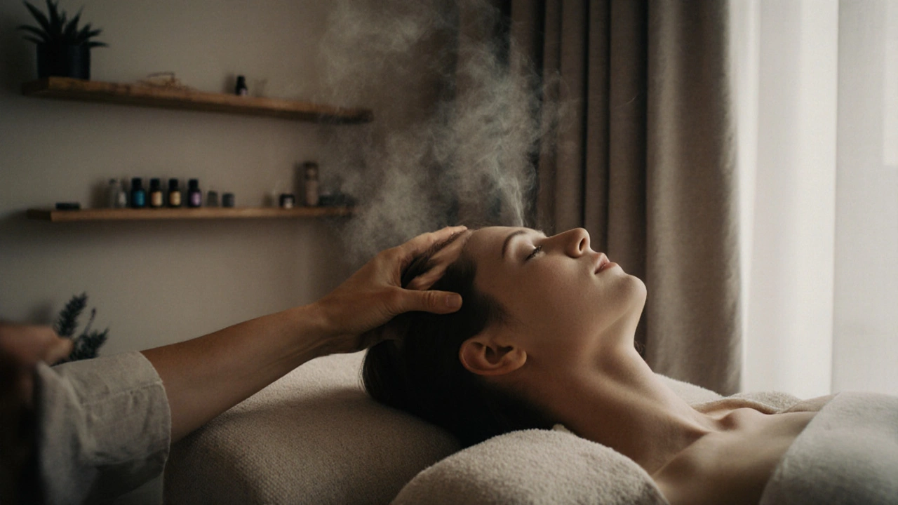 Professionele masseur geeft een hoofdmassage in een rustige wellnessruimte in Amsterdam.