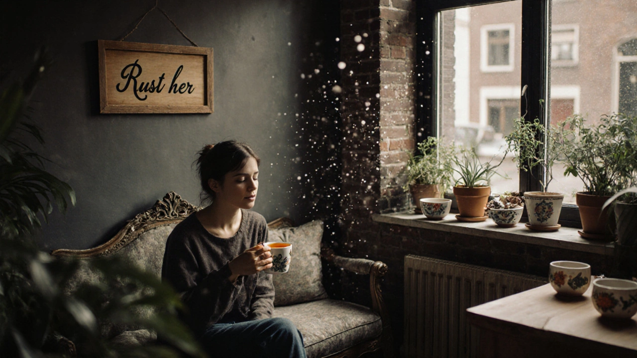 Rustige massagestudio in Amsterdam met planten, warm licht en een persoon die na de sessie stil zit met een kop thee.