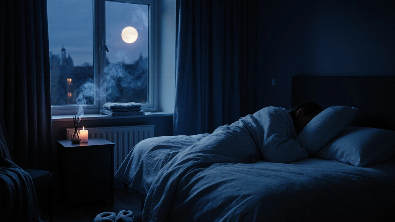 Rustige slaapkamer &#039;s nachts met maanlicht, lavendeldiffuser en een perfect opgemaakte bed.