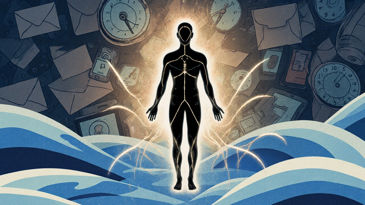 Silhouet van een mens met energiestralen van voeten naar hoofd, boven een chaotische stadsscène.