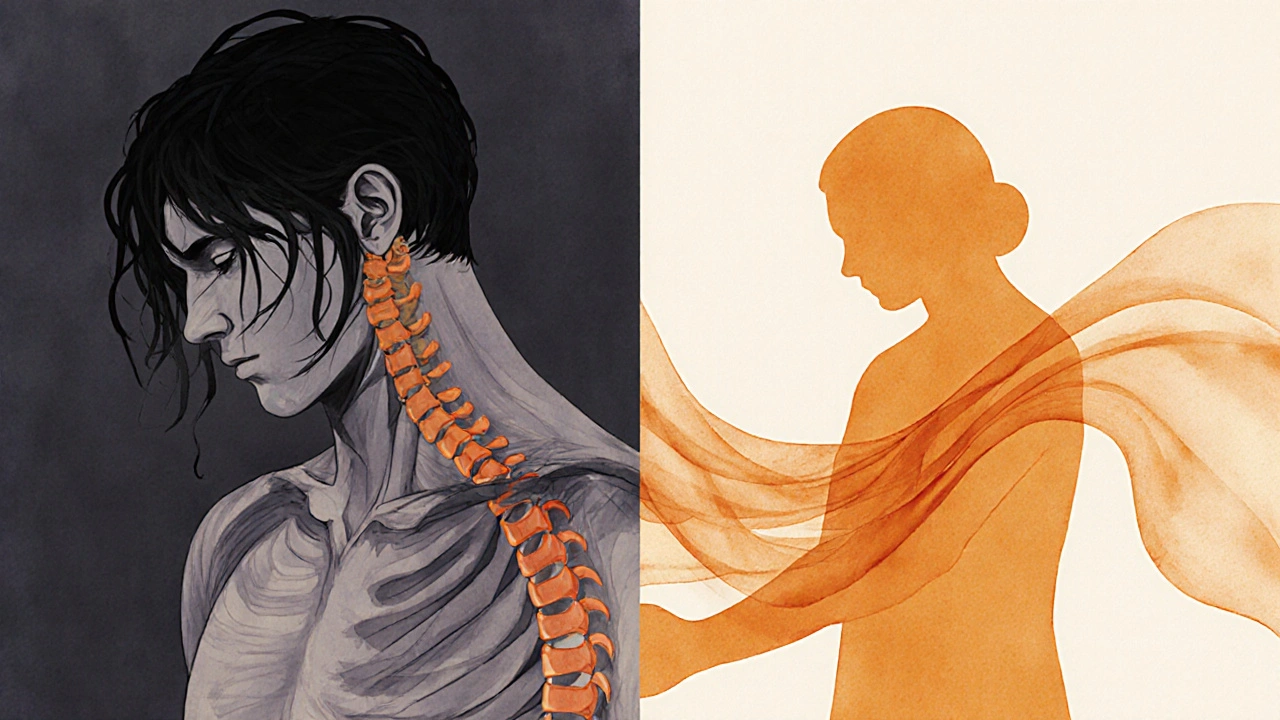 Stijlvolle waterverf illustratie van spanning (donkere lijnen) veranderend in rust (warm licht en vloeiende vormen) door body to body massage.