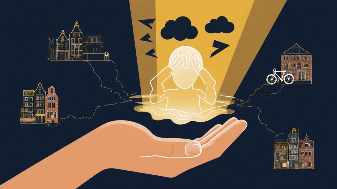Symbolische afbeelding van spanning die wordt opgelost door een zachte, warme hand in Amsterdamse omgeving.