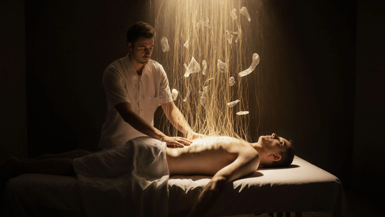 Symbolische afbeelding van stress die ontspant door aanraking, omgeven door gouden licht.