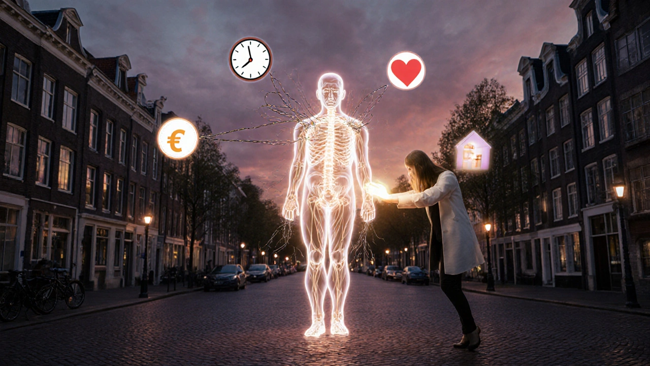 Transparante figuur met spanning die oplost, symbolisch beeld van eenvoudige, lokale ontspanning in de stad.