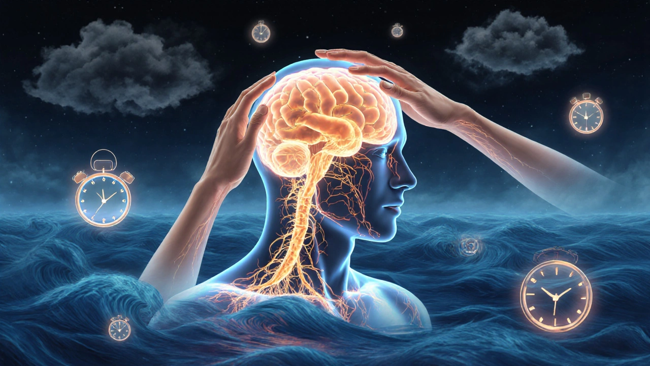 Transparante hoofdillustratie met lichtende zenuwen en het oplossen van stresssymbolen.