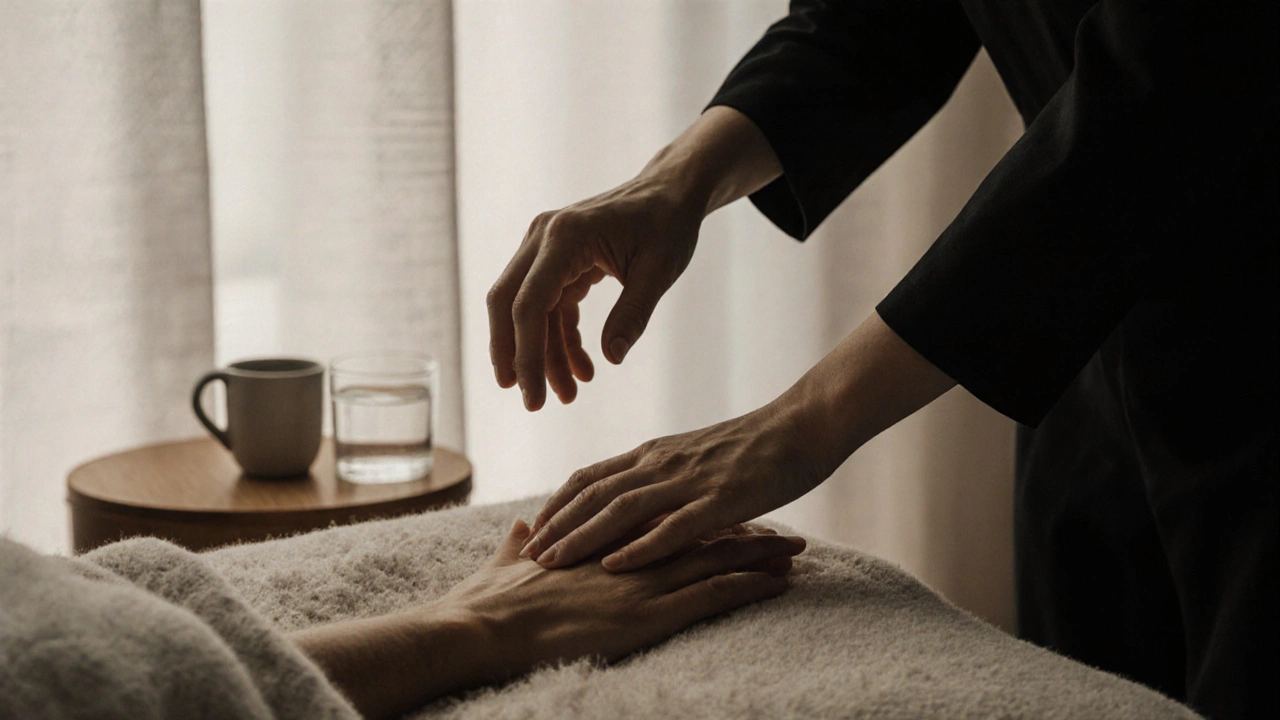 Twee handen in een stil moment, één boven de ander, zonder aanraking.