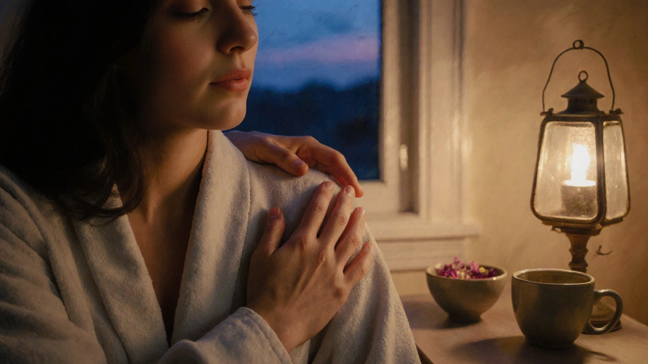 Twee handen raken zachtjes de schouder van een geklede persoon aan, in een kalme, warme omgeving met een lamp en thee.