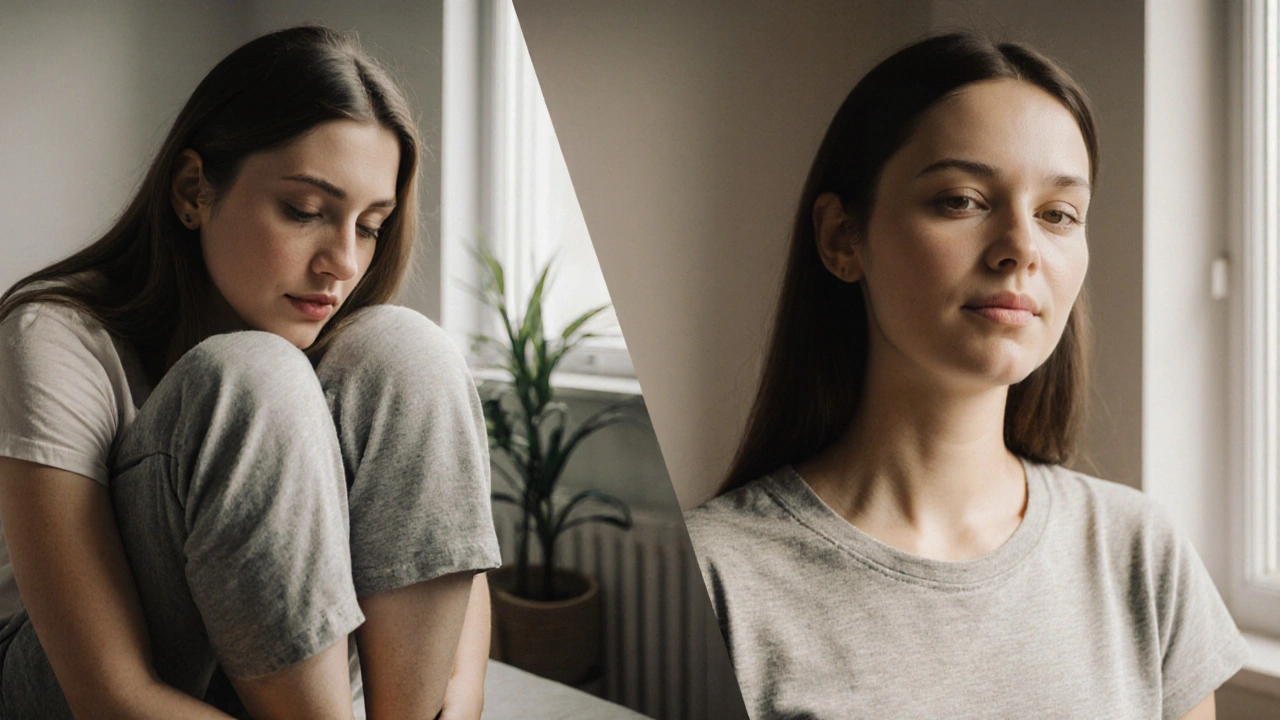 Vergelijking van een vermoeide persoon en dezelfde persoon na lymfedrainage, rustig en licht.