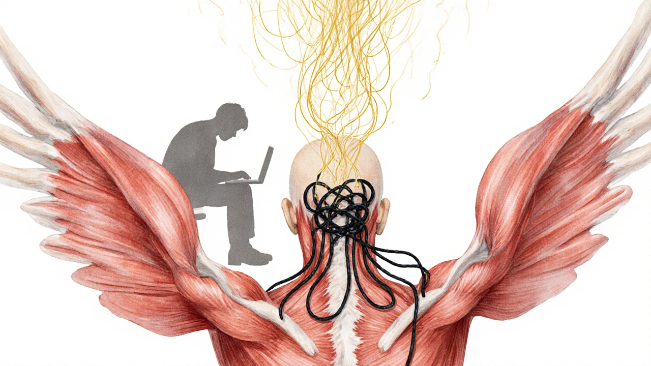 Watercolor illustratie van de trapeziusspier als vleugels met knopen die oplossen in gouden lichtstralen.