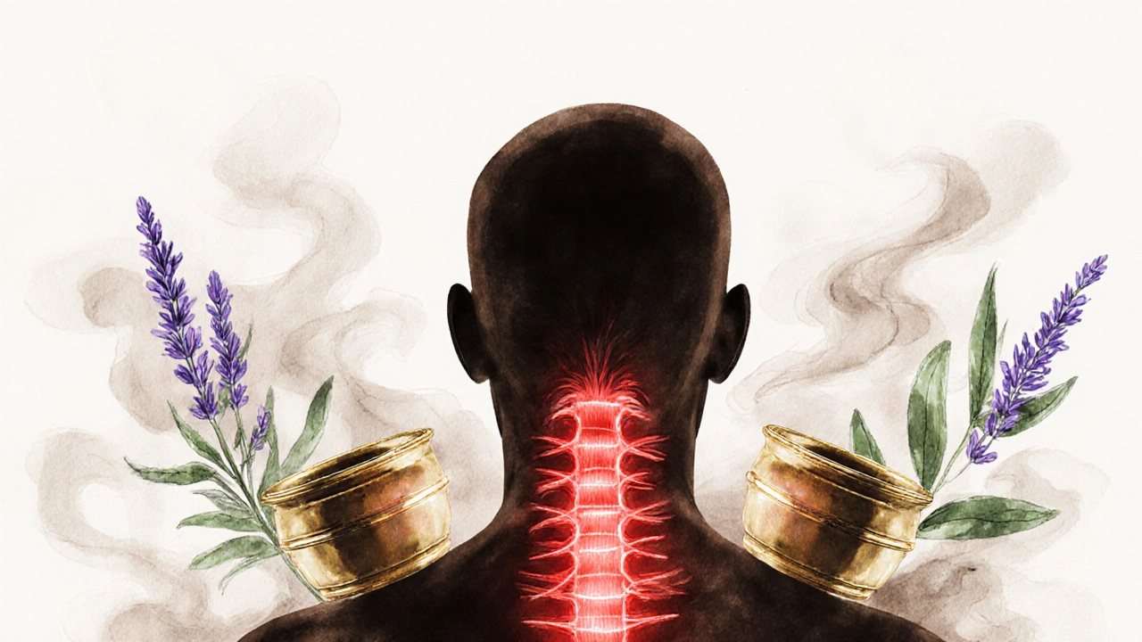 Watercolor illustratie van energiestromen en kruiden rond cuppingbekers op de rug.