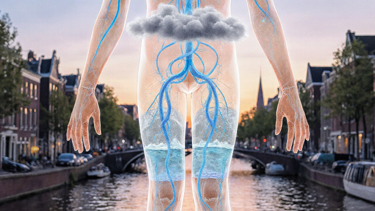 Watercolor illustratie van lymfatische stromen onder de huid die stresswolken verjagen en rust brengen.