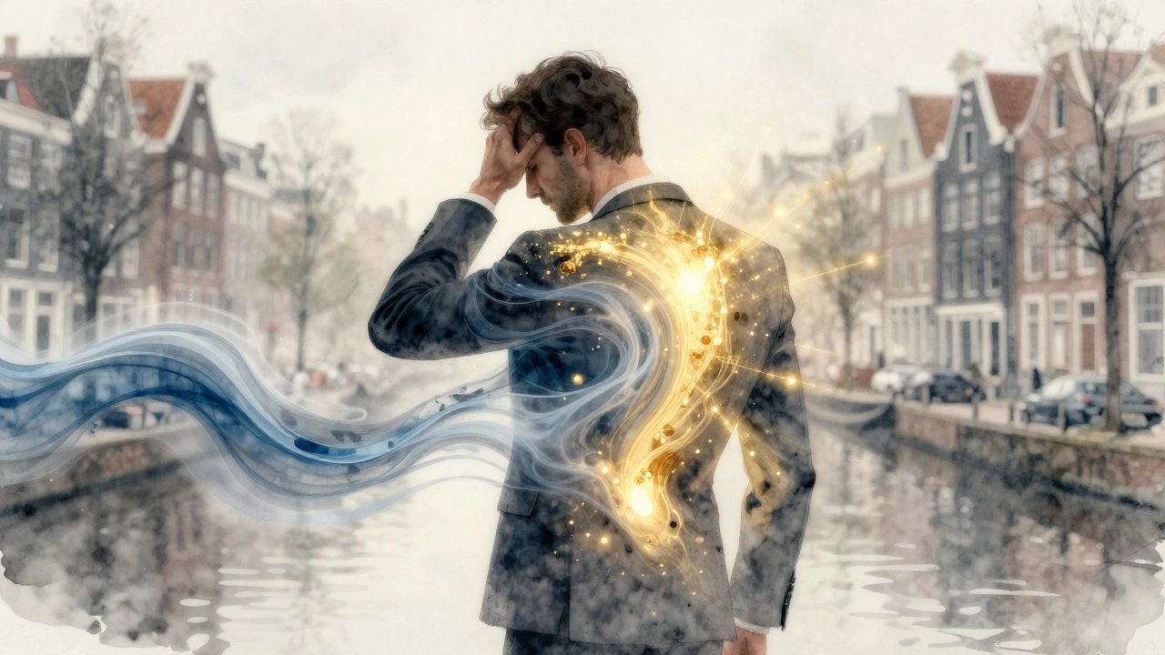 Abstracte weergave van stress die wegloopt uit het lichaam, vervangen door licht en rust.