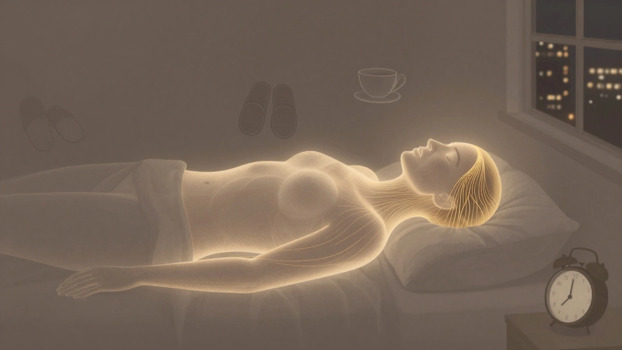 Abstrakt beeld van spanning die oplost in het lichaam, met symbolen van thuis en rust.