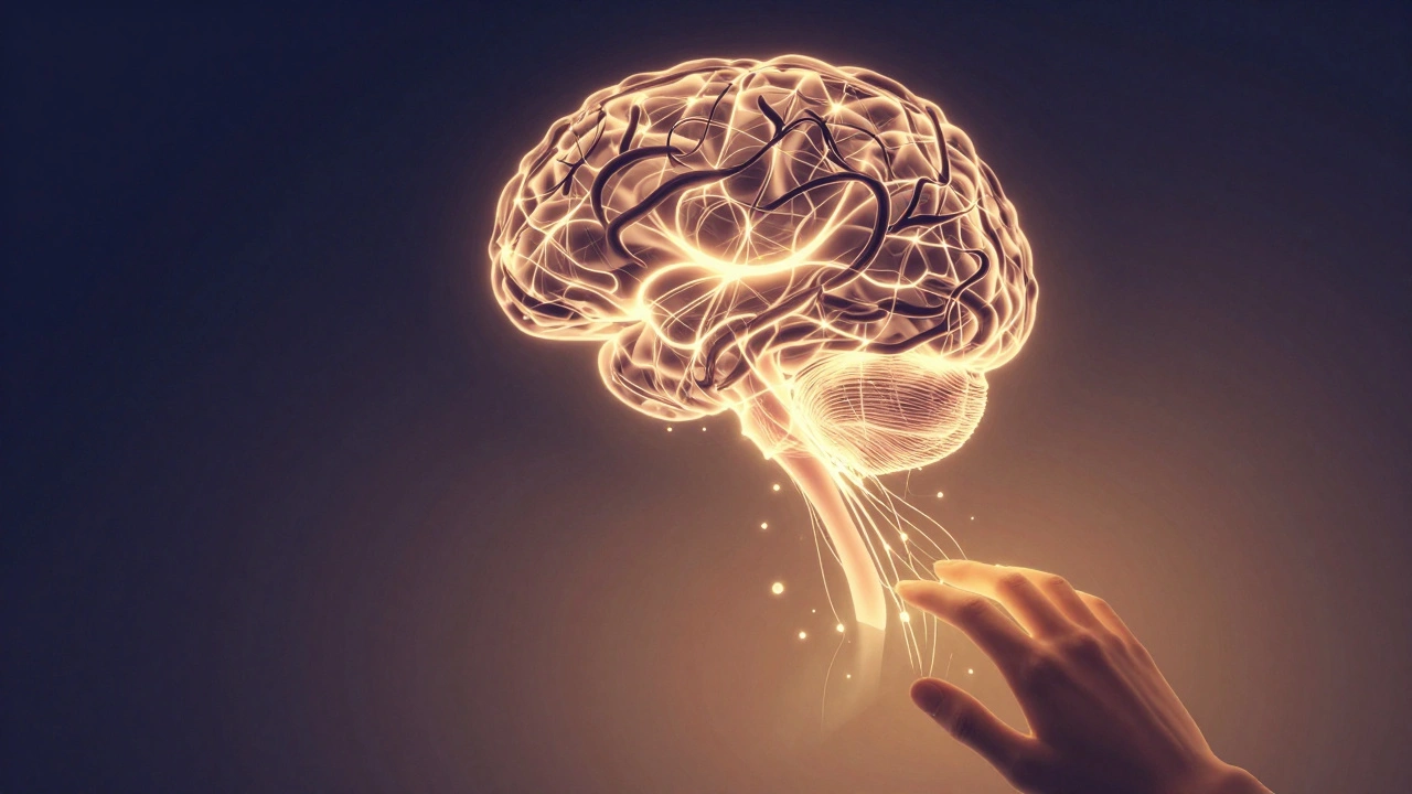 Abstrakte weergave van een geest waar spanning langzaam oplost in warm licht door aanraking.