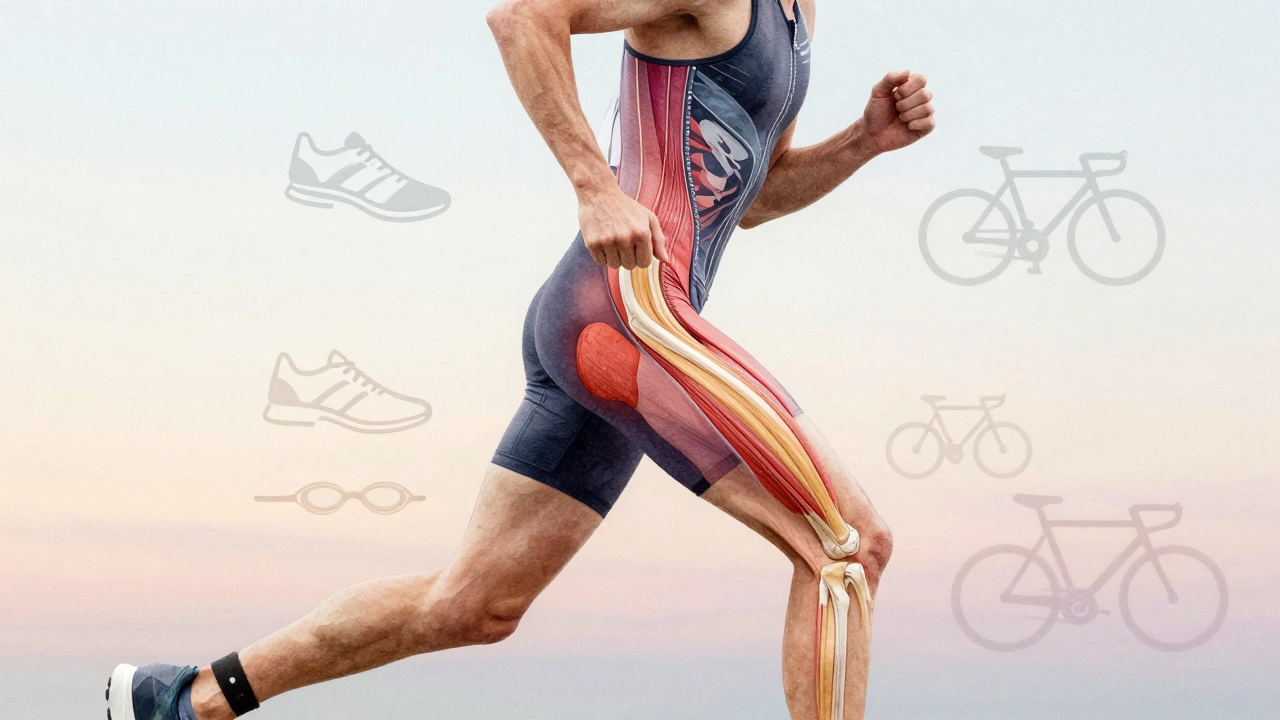 Anatomische weergave van gespannen weefsels bij een triatleet met symbolen van sportapparatuur.