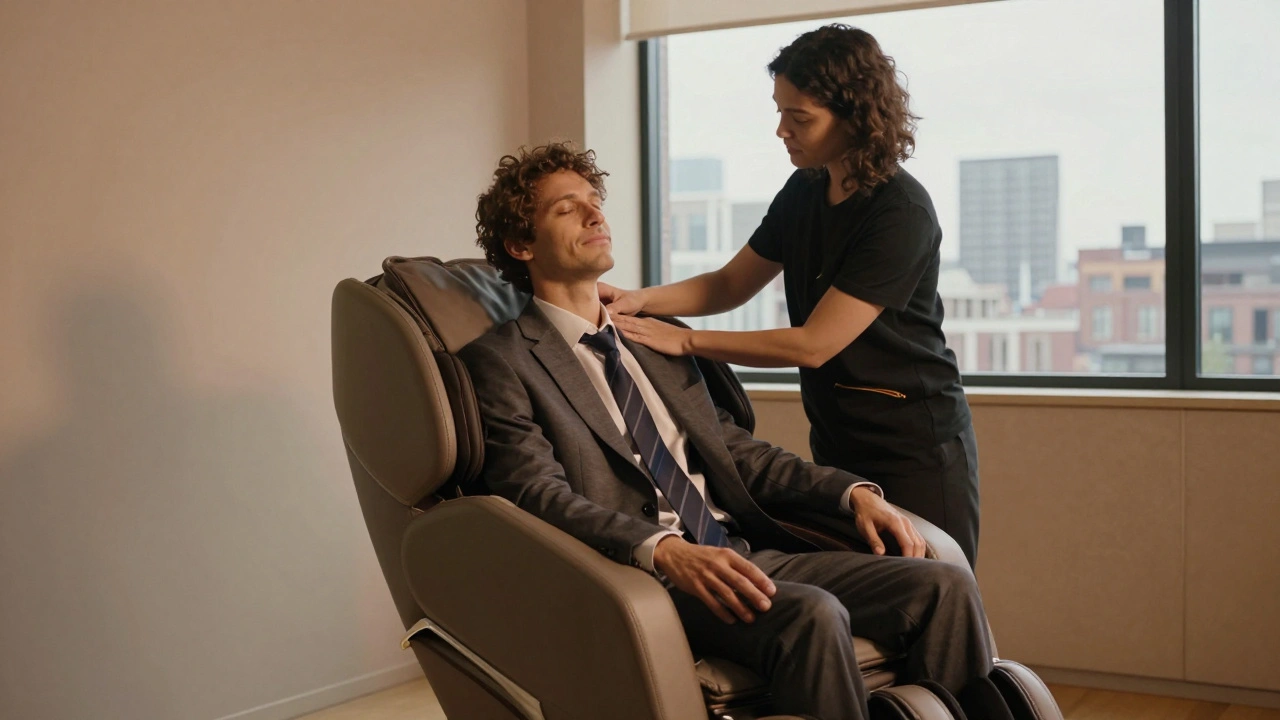 Bedrijfsmedewerker krijgt een snelle nek- en schoudermassage in een stoel, kleding aan, in een modern interieur.