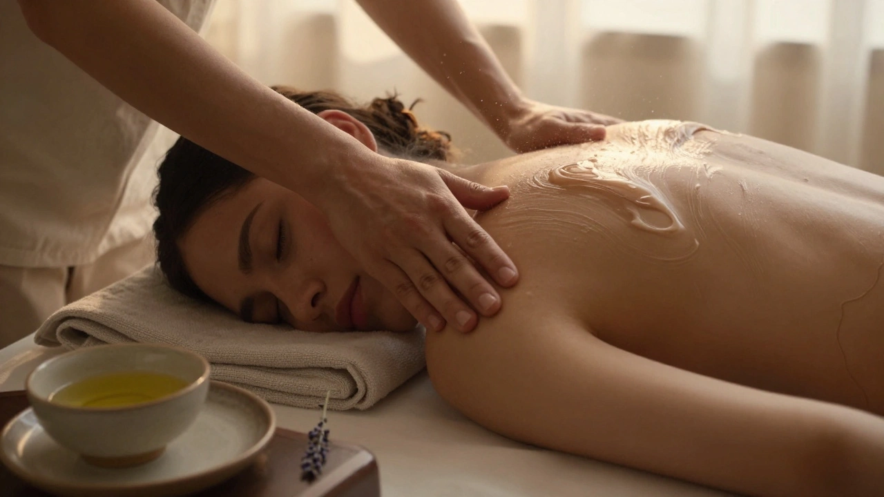 Close-up van een rug met warme olie die glinstert, terwijl zachte streken de spieren ontspannen onder zacht daglicht.