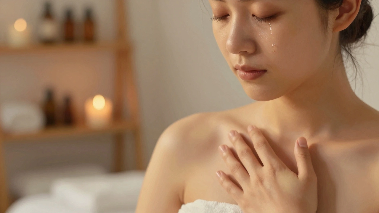 Close-up van een rustig gezicht met een traan, ogen gesloten, in een kalme, zacht verlichte ruimte.